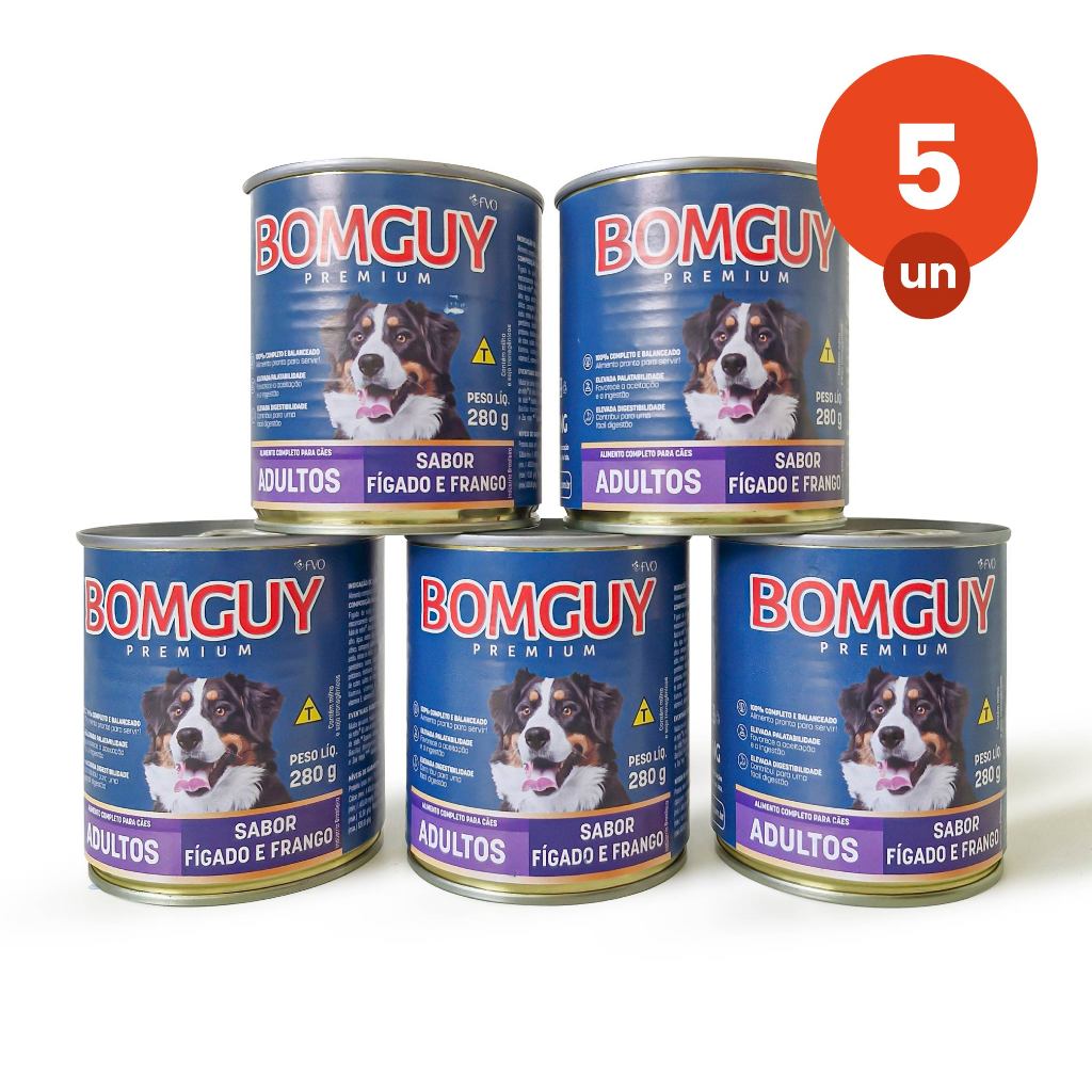 Kit 5 Bomguy Premium Patê Sabor Fígado e Frango Ração Úmida para Cães Adultos 280g FVO