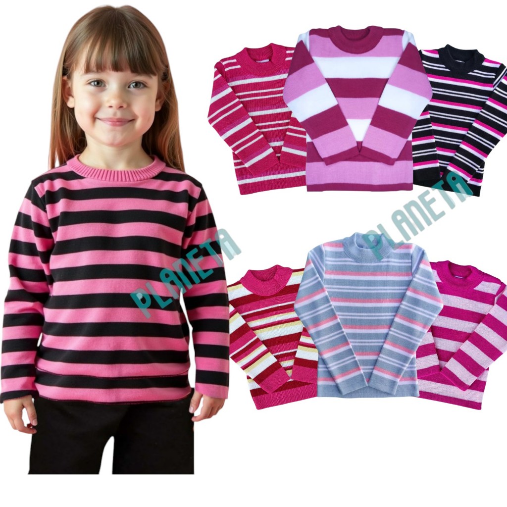 Kit 3 Blusas de Tricot Lã Infantil Juvenil Feminina Inverno