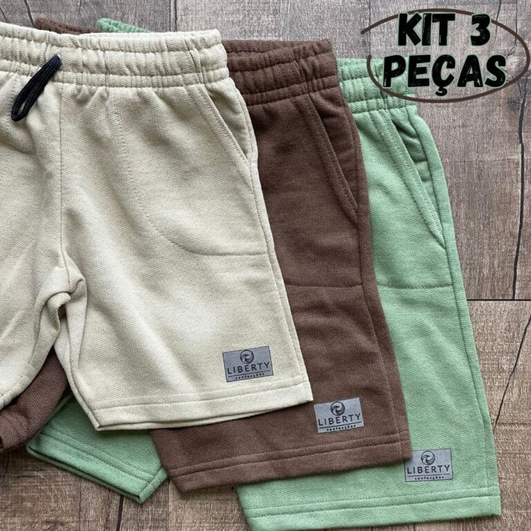 Kit 3 Bermuda Menino Moletom Infantil Short Com Bo