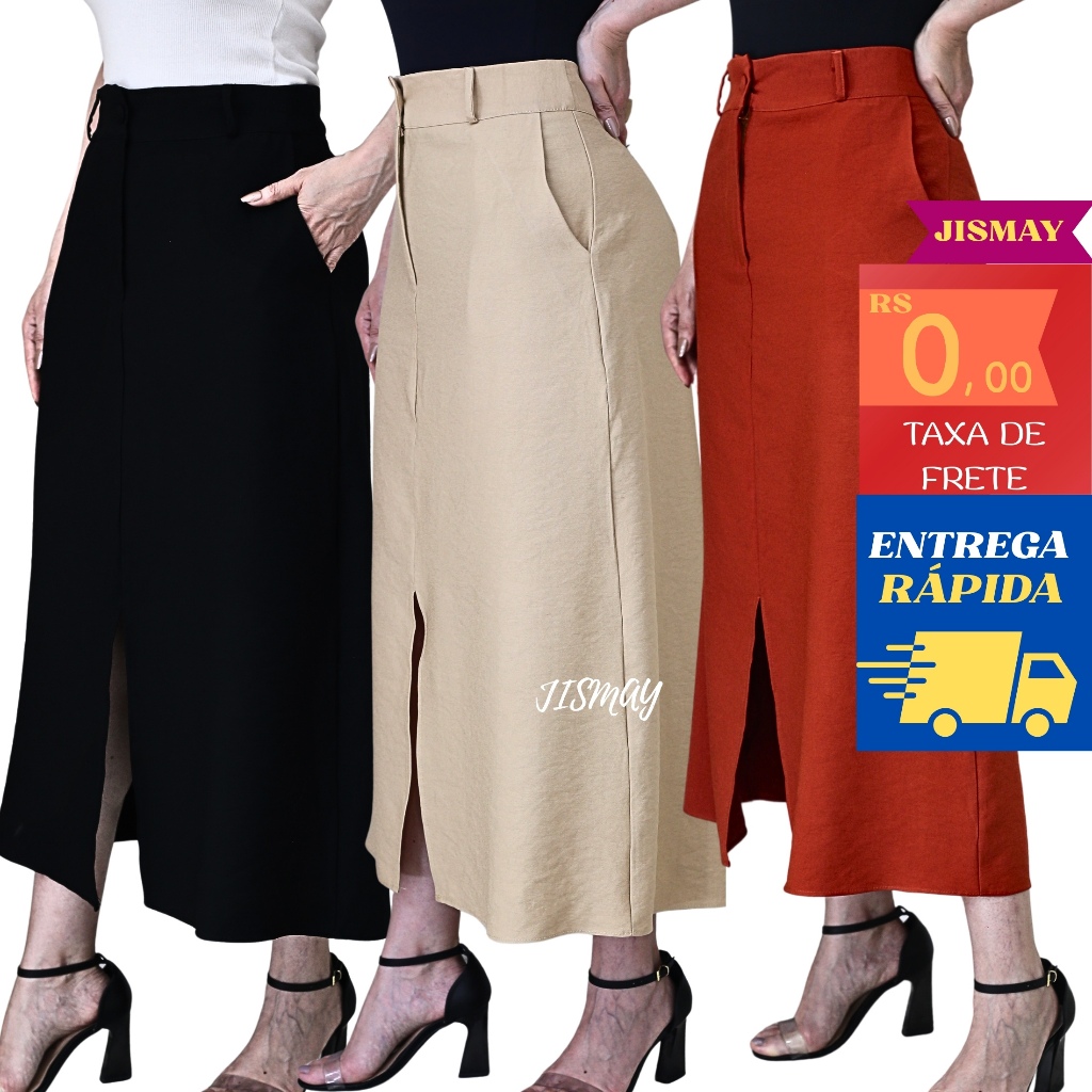 Saia Midi Feminina Cintura Alta Com Fenda Alfaiataria Marrant Elegante Trabalho Evangélica M G GG