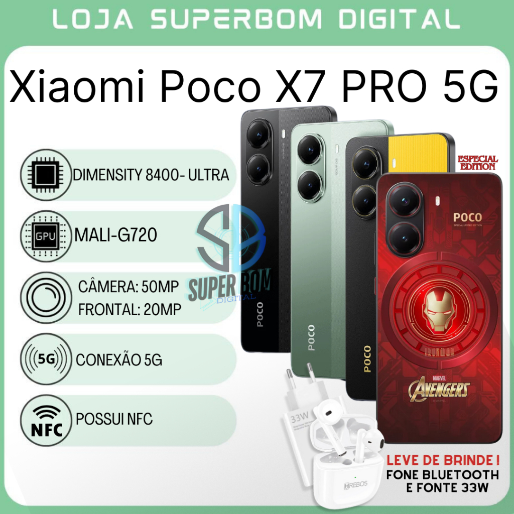 Xiaomi Poco X7 PRO 5G , Processador Dimensity 8400-Ultra 256GB/512GB + 8GB/12GB RAM, Bateria 6000Mah