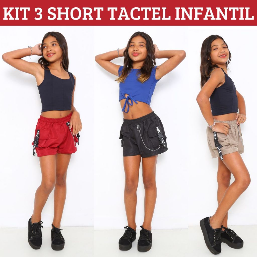 Kit 3 Shorts Feminino Infantil Para Meninas Tactel Fita e Corrente 4 Bolsos 4 Cores Short Cargo Cria