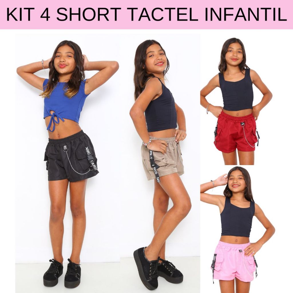 Kit 4 Short Infantil Feminino Tactel Detalhe Com Fitas e Corrente Muito Estiloso Shortinho Infantil