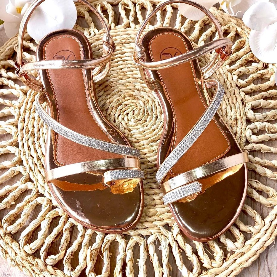 Sandália Feminina Strass Confortável Rasteirinha Plana Elegante Com Brilho Rasteira Calce Fácil