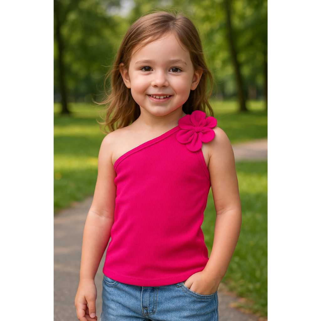 Roupa Infantil Menina Blusa Regata Nula manga Com Flor – 4, 6 e 8 – feito Em Ribana