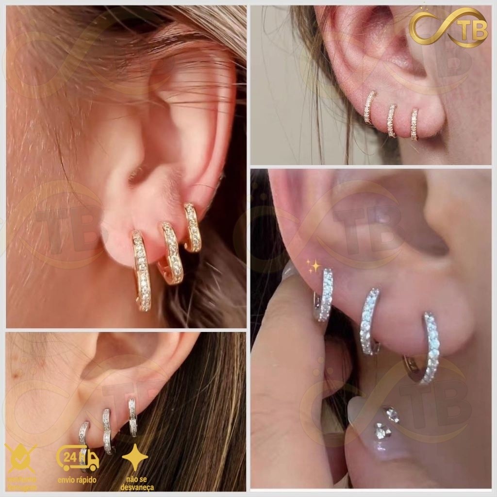 TB Moda Kit 3 pares feminina Brinco Trio Argola BANHADA PRATA 925 A OURO 18K com Zircônia Cravejada