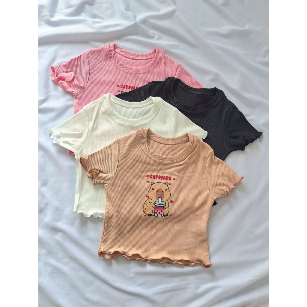 Cropped Infantil Menina Manga Curta Capivara Suco fofo Fru Fru Canelado Ribana DTF04