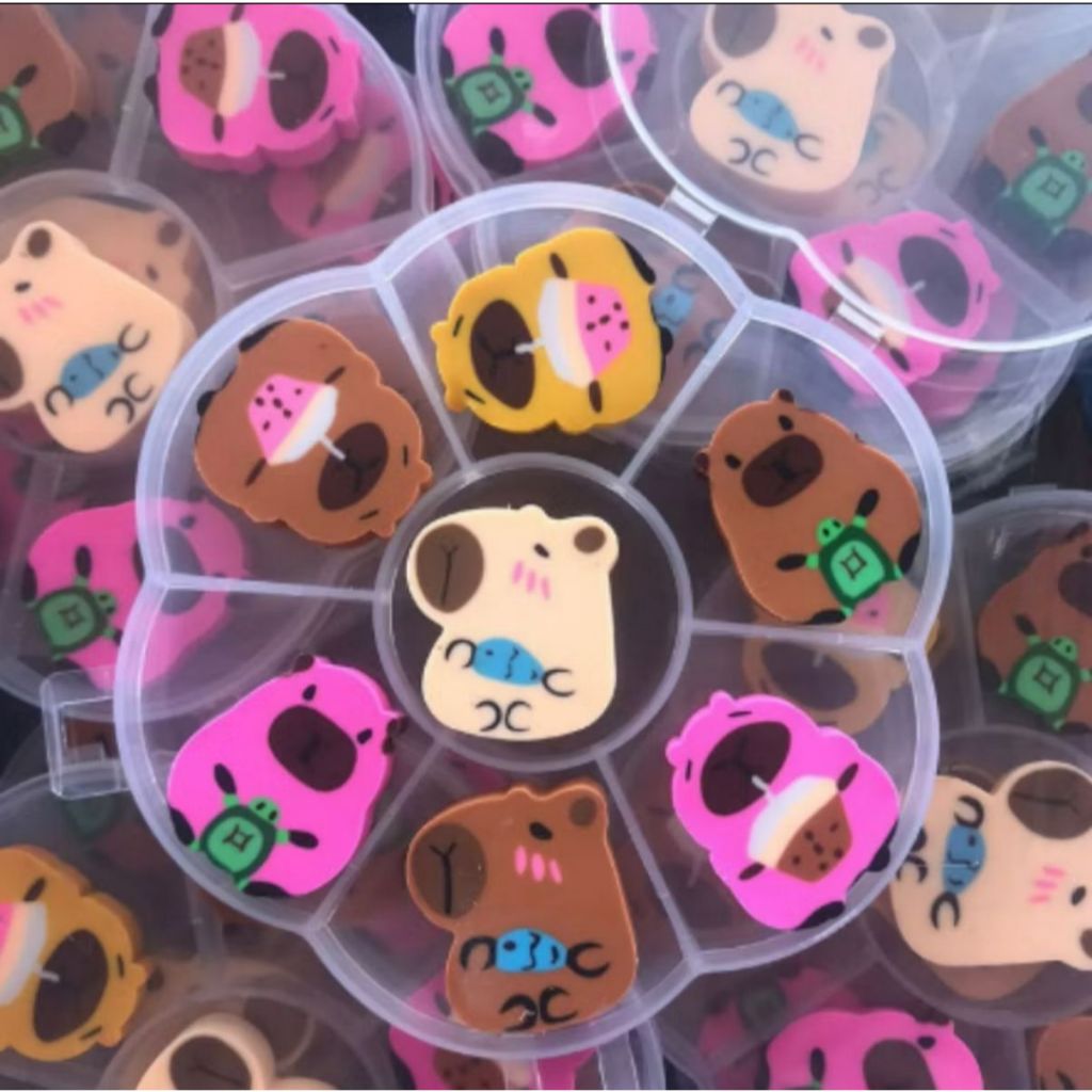 Kit 7 Borrachas Capivara Emoji Doce fruta Fofas | Papelaria Criativa Infantil e Colecionável