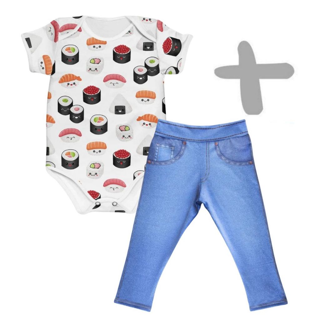 Conjunto Menina Bebê Body Sushi  + Fake Jeans Jeans MiniBoo Proteção Solar 50+ Disponivel em Manga L