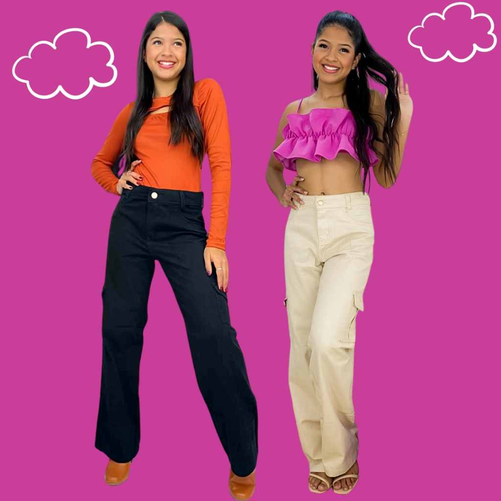 Kit 2 Calças Cargo Larga infantil feminina juvenil com bolsos laterais e sarja moda streetwear femin