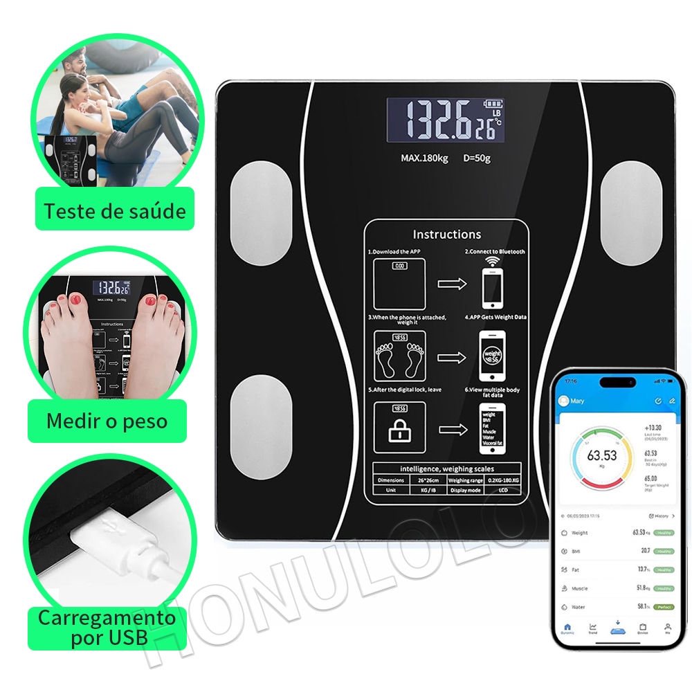 Profissional Balança Bioimpedância Digital  lmc Aplicativo Bluetooth, USB, Fitness Treino 180kg