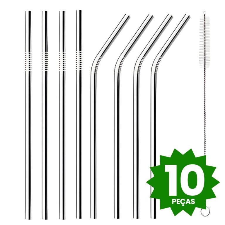 Kit 08 Canudos Inox Curvos 02 Escovas Limpeza 10 P