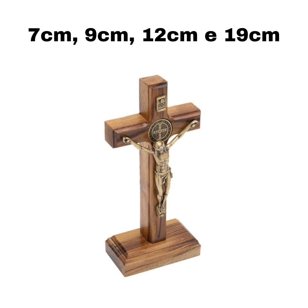 CRUCIFIXOS DE PAREDE OU MESA EM MADEIRA COM CRISTO E MEDALHAS DE SÃO BENTO 7CM, 9CM, 12CM OU 19CM