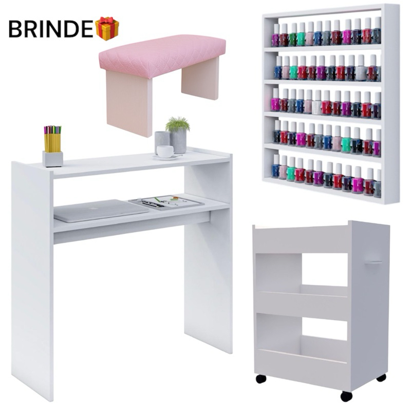 Kit Mesa Manicure + Carrinho Auxiliar + Porta Esmaltes + Apoio De Mão Manicure Unha Gel Salão De Bel