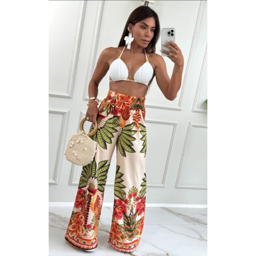 Calça Pantalona Estampada Floral Larga Feminina Tecido Crepe Chic Confortável Elegante Versátil Moda