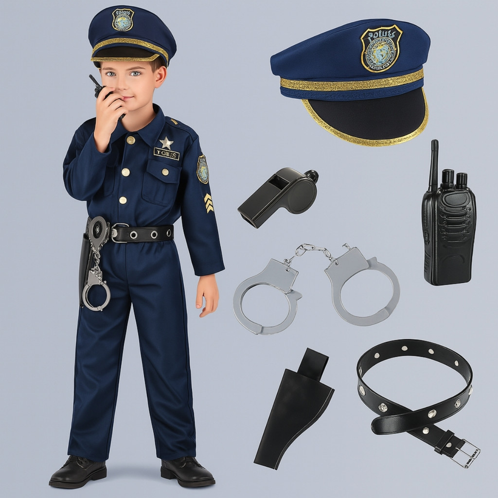 Conjunto Fantasia Policial 8 Peças Crianças Uniforme Fantasia CosplayAté10anos