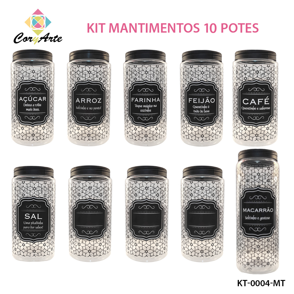 Kit com 10 potes – Arroz, Feijão, Farinha, Café, Açúcar, Sal, Macarrão e Multiusos + CANETA DE GIZ.