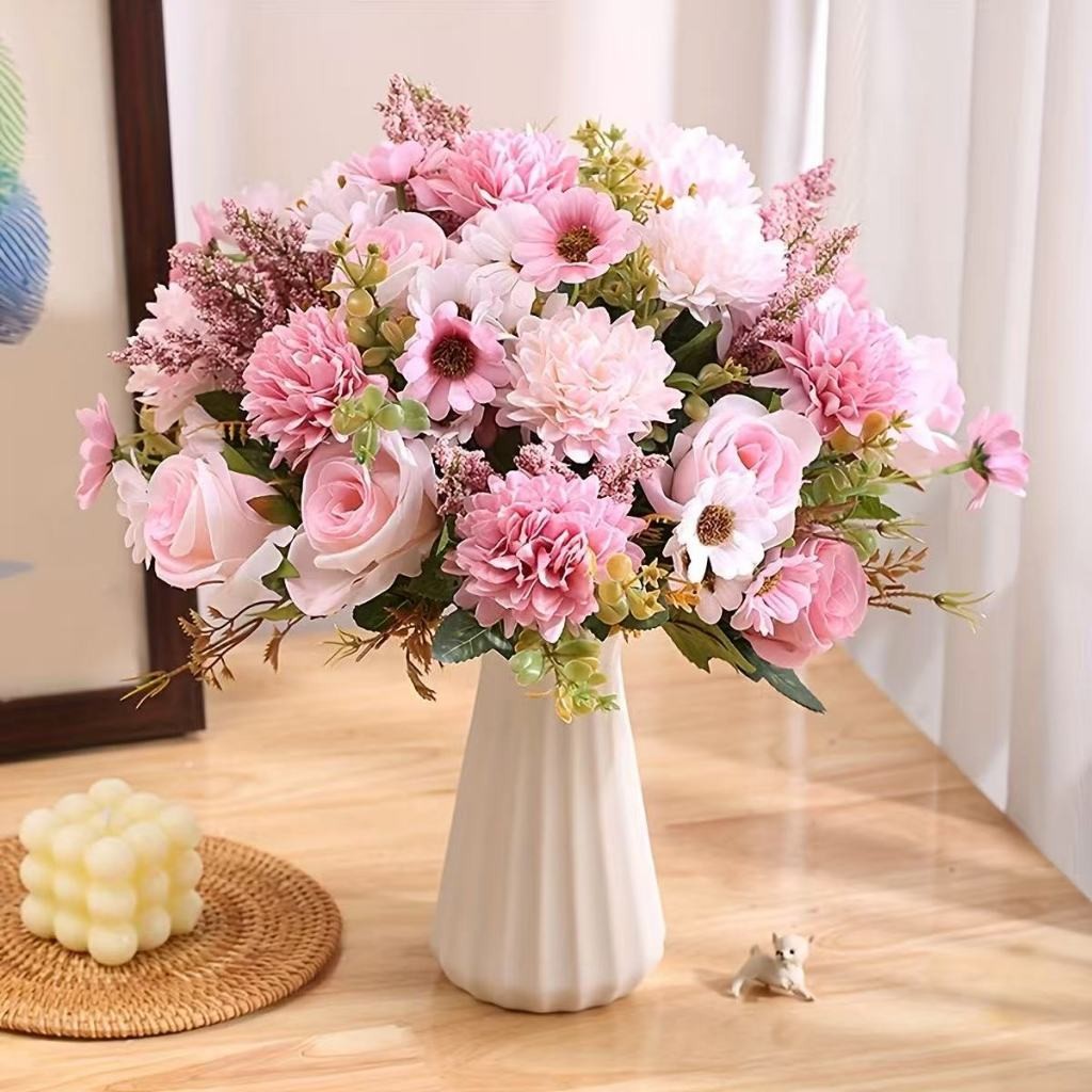 Flores artificiais 6 cabeças bola de outono crisântemo rosa–9614