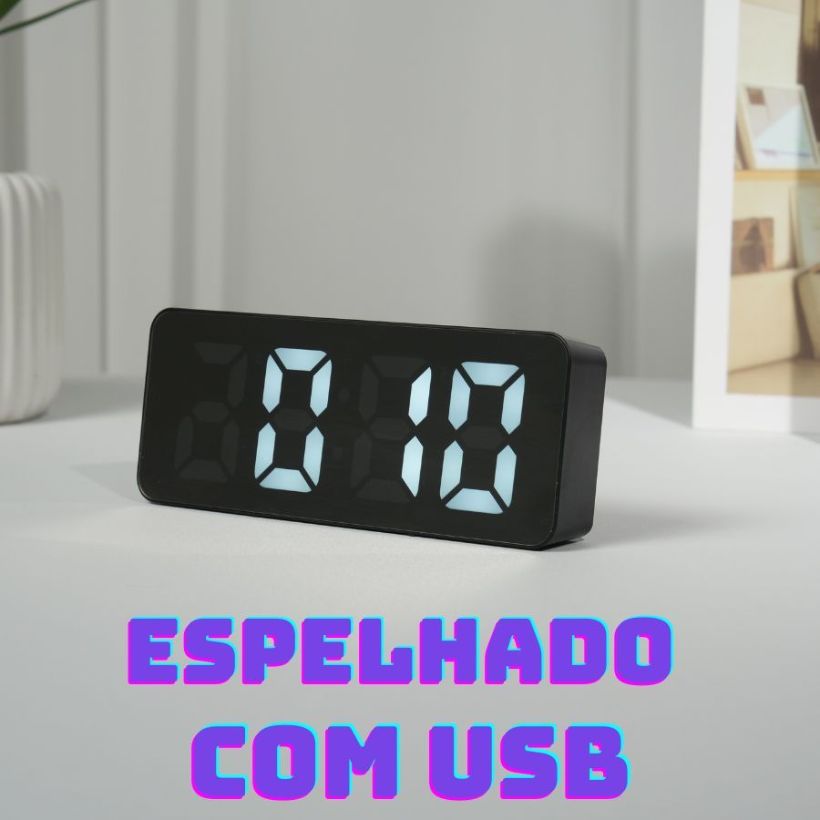 Relógio Despertador Mesa Digital 16.5X8 Decorativo Alarme Temperatura Pilha AAA Usb Preto