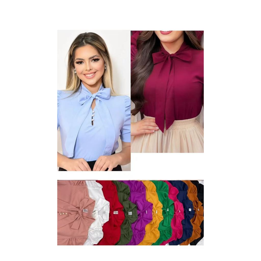 Blusa Feminina Social Manga Curta Bufante com laçinho Moda evangélica -0259