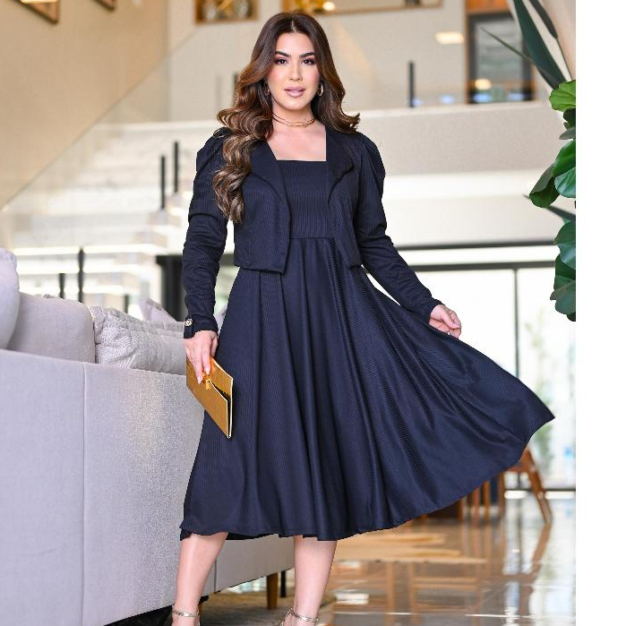 Conjunto Vestido Rodado Midi + Casaco Blazer Moda 