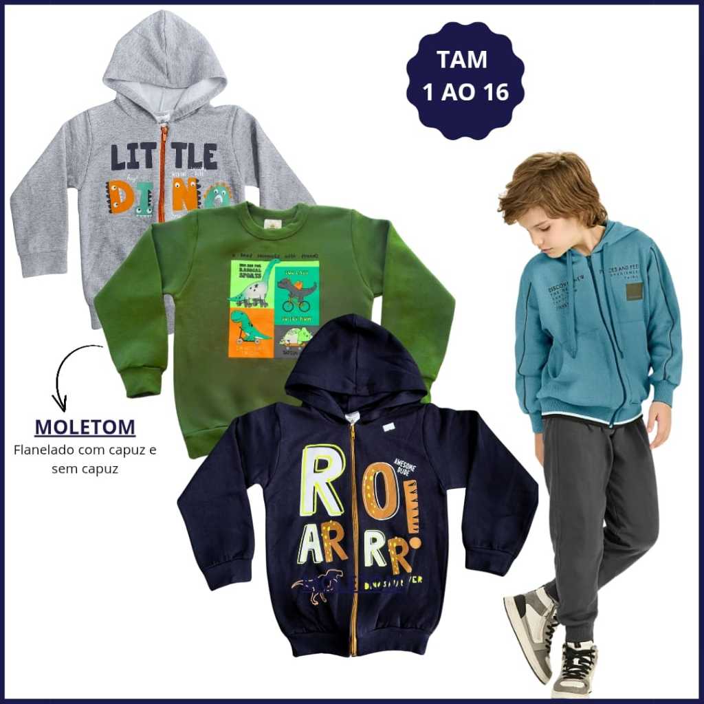 Kit 3 Blusa Moletom Menino Roupa de Inverno Infantil Masculino Casaco Com Capuz e Sem Forrado e Flan