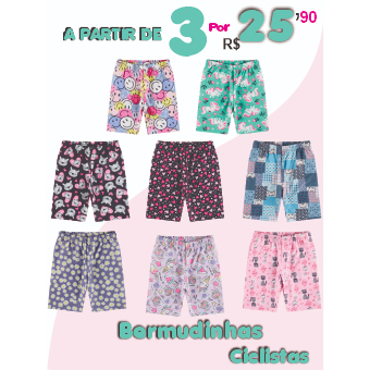 Kit C/ 3 Bermudas Ciclista em Malha Suplex Menina 