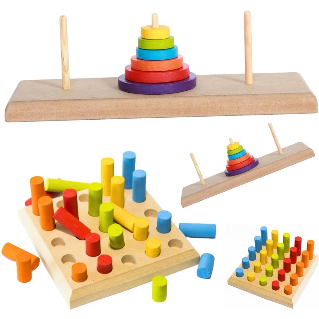 Kit Torre de Hanói + Pinos Encaixe Educativo Montessori TEA TDAH Terapêutico Pedagógico MDF e EVA