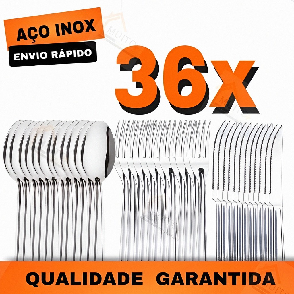 Jogo de Talheres 36/18 peças Aço Inox Facas Garfos e Colheres de Mesa Jantar