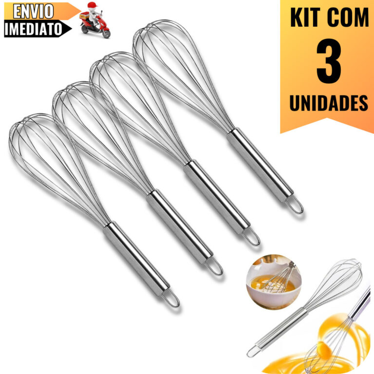 Kit 3 Batedores de Ovos e Massas 30cm em Aço Inox