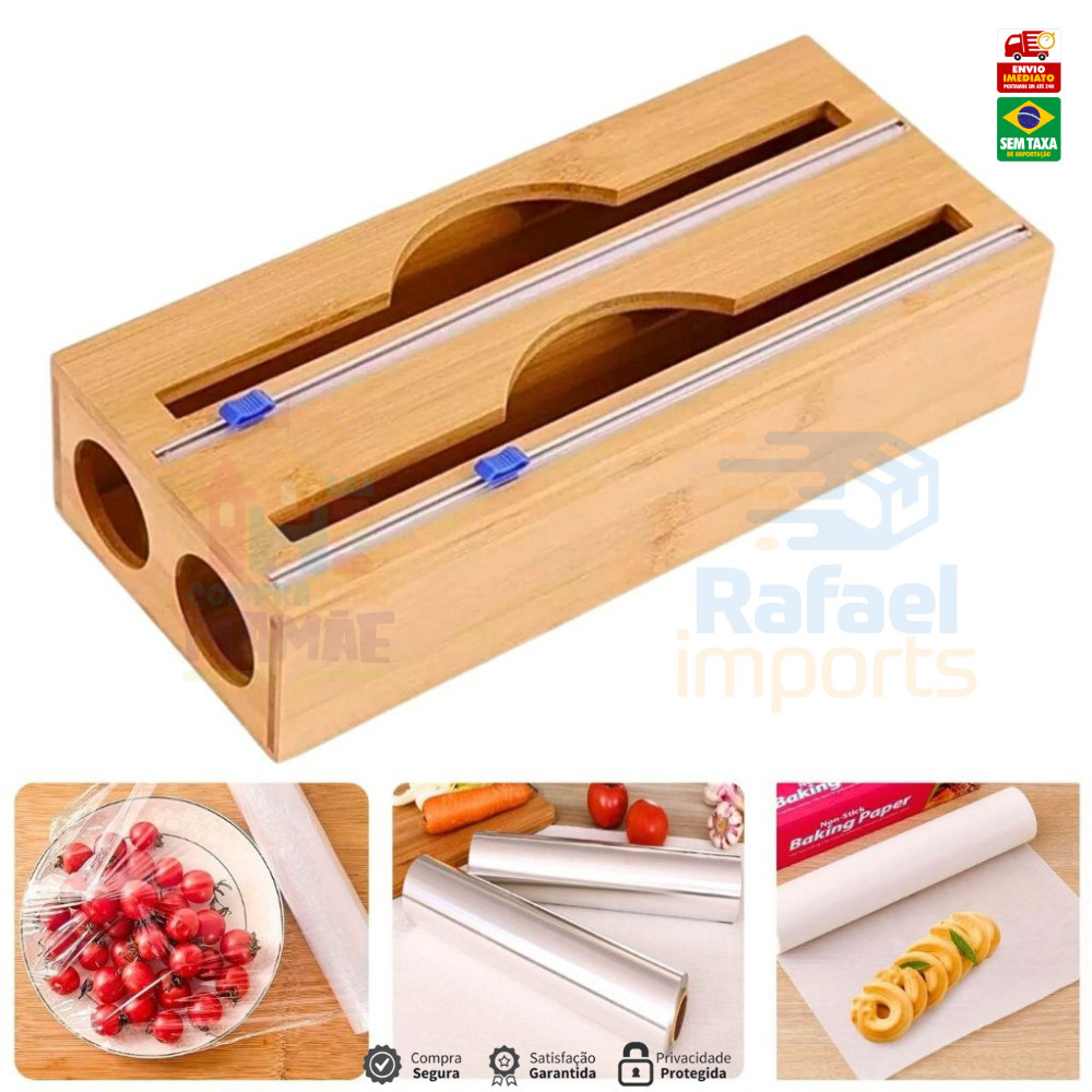 Porta Rolo Duplo Organizador Bambu Papel Aluminio Filme PVC Cortador Dispenser Cozinha Suporte