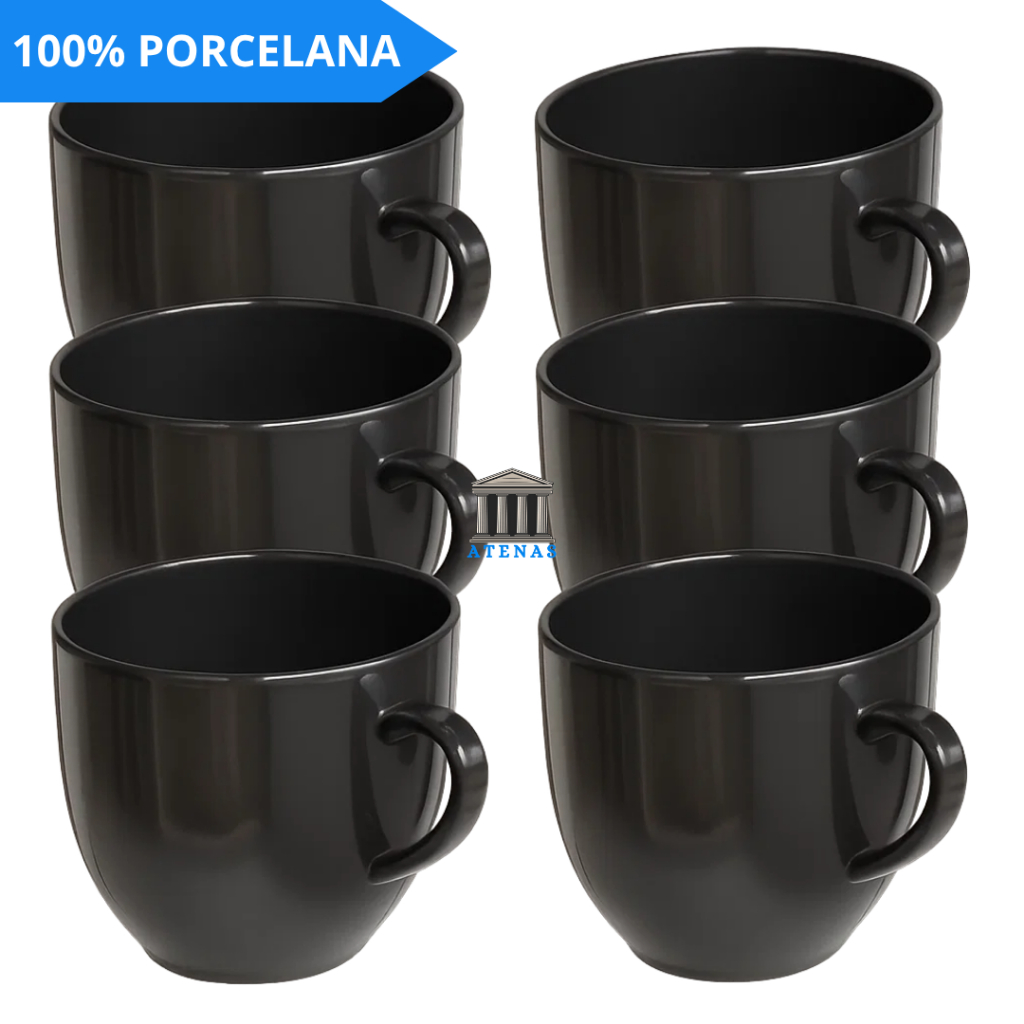 Kit Xicara Cafe Cha Porcelana 95ml Preta Preto Chicara Caneca