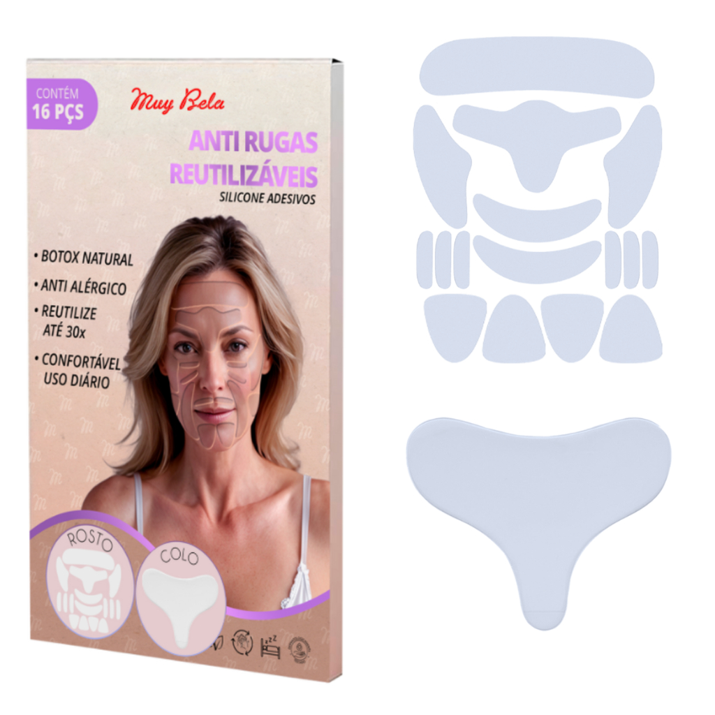 Kit com Adesivo Anti Rugas Silicone Rosto 16 Peças + 1 Peça Peito Colo Muy Bela Lavável Reutilizável
