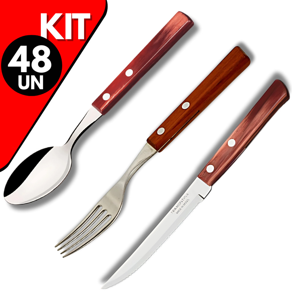 Conjunto Premium Garfos ,Facas e Colher Cabo de Madeira Inox para Churrasco, Bar, Restaurante e Chur