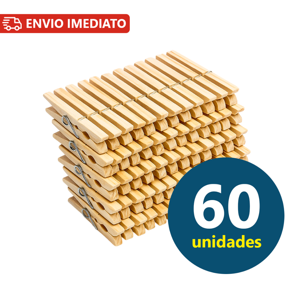 60 Prendedores Pregadores Grampos de Roupa Madeira