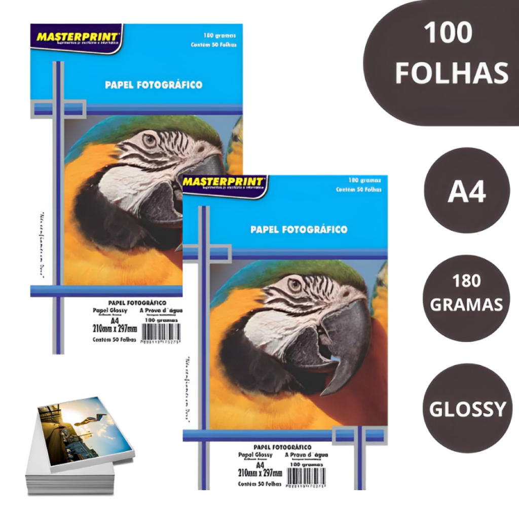Papel Fotográfico 180g Glossy Brilhante A4 à Prova Dágua MASTERPRINT