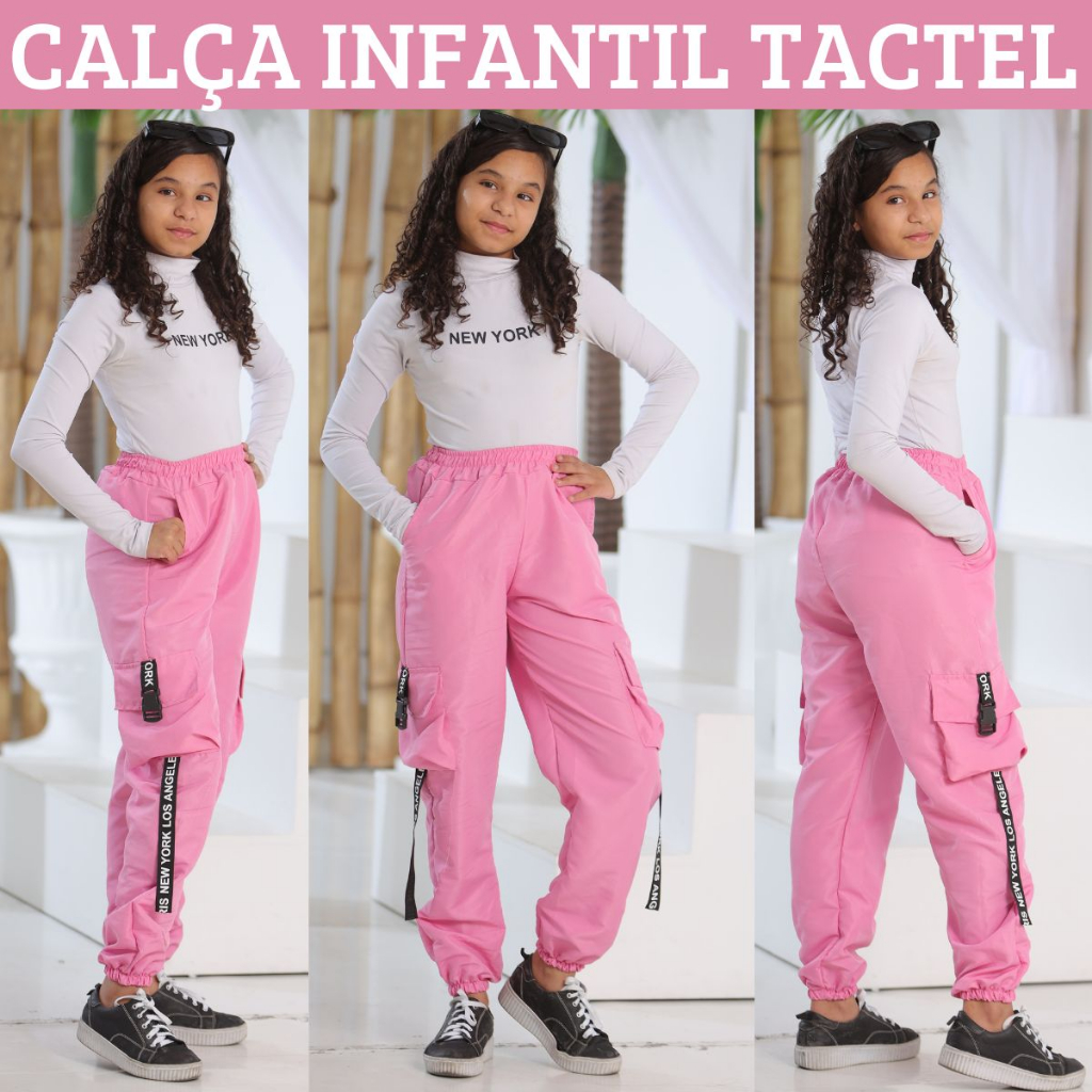 Calça Feminina Juvenil Para Crianças Meninas Jogger Cargo Street Com Bolsos e Detalhes de Fita