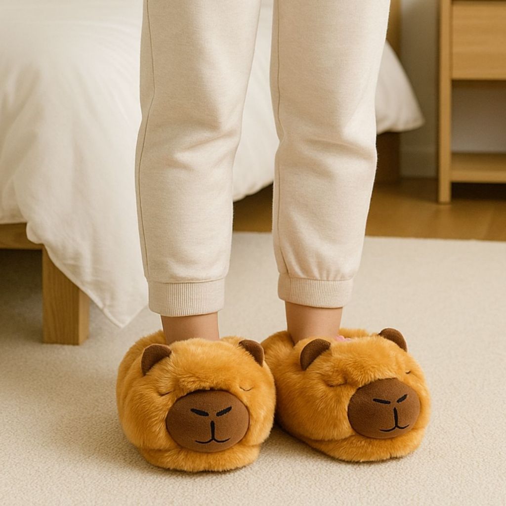 Pantufa Capivara Filo 3D Infantil Adulto Marrom Quentinha Fofa Bordada Presente Sola Antiderrapante