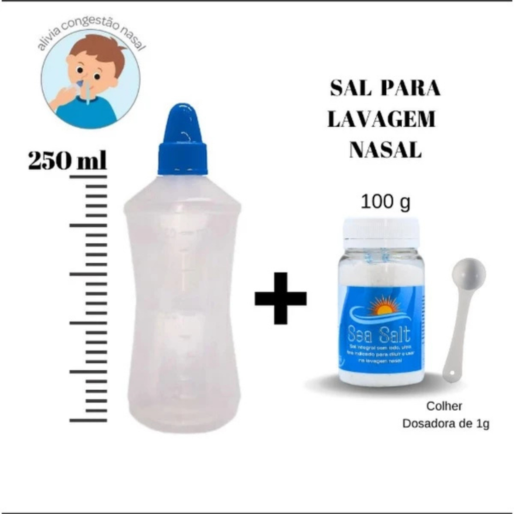 Lavador Nasal Frasco Com 250ml + Sal 100g ultrafino Para Lavagem e Higienização Nasal