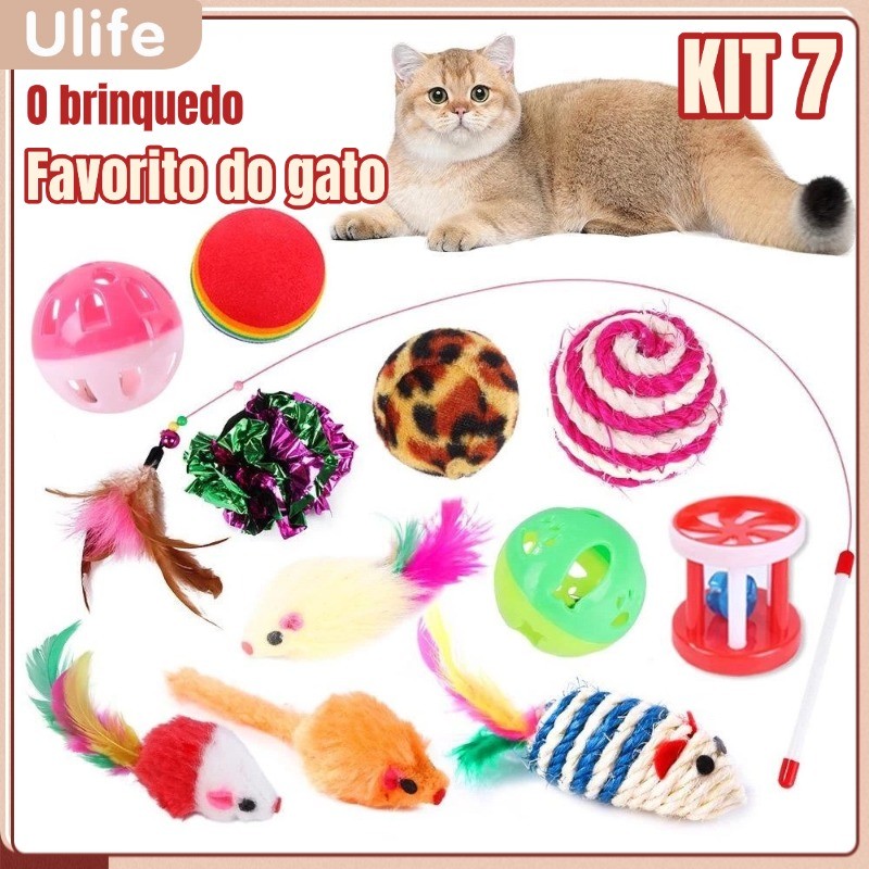 Kit 7 Brinquedos Sortidos Para Gatos Ratinho Bolinha e Varinha Gatinho  O Kit 7 Brinquedos Sortidos