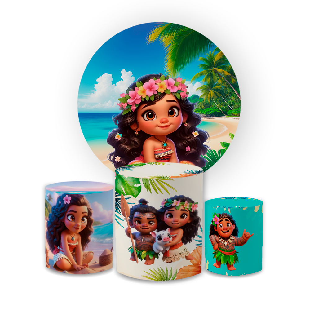 Kit Capa Painel Redondo 1,5 + Trio Cilindros Decoração Tecido Sublimado Veste Facil Tema Moan B@by