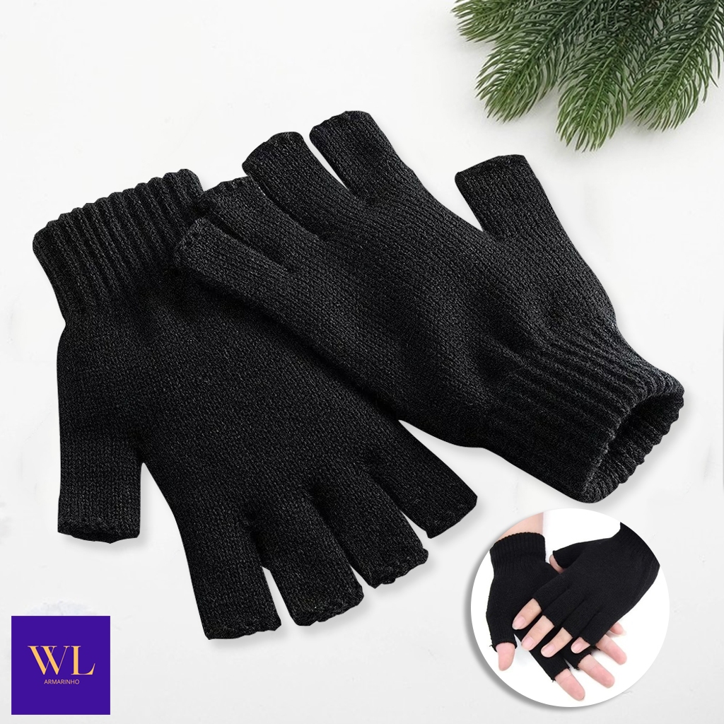 Par de Luvas Sem Dedo Adulto Lã Preta Inverno Frio Unissex Tamanho Único Antiderrapante Inverno Frio