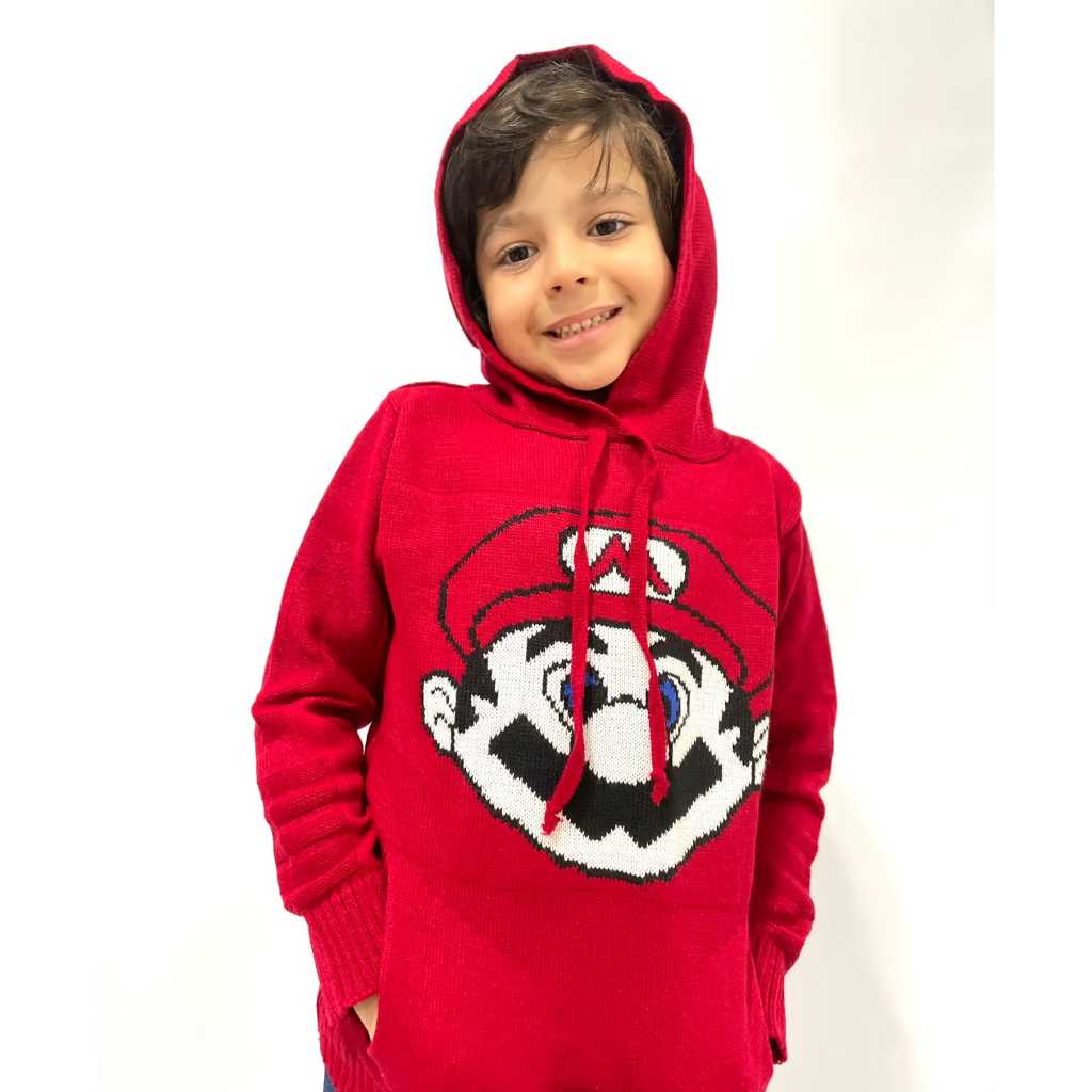Blusa Casaco Inverno Infantil Manga Longa Capuz Bolso Personagem Mario World Moletom Tricô.