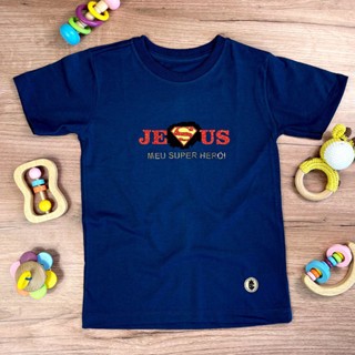 Camiseta Infantil Azul Jesus Meu Super Herói Algo