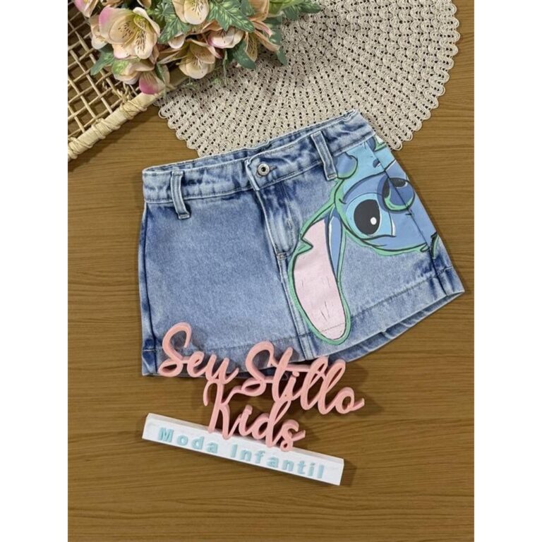 Shorts Saia infantil Animê Jeans Stitch Disney