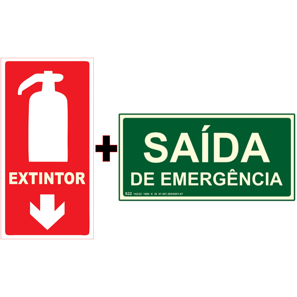 Kit Placa EXTINTOR + SAIDA DE EMERGENCIA Fotoluminescente 10×20 PVC