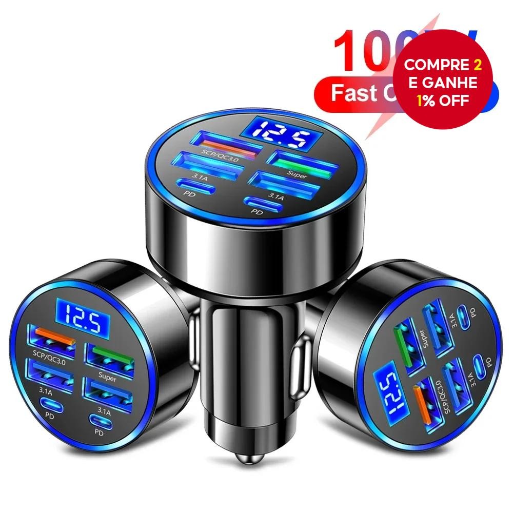 Carregador de carro com 6 portas, carregamento rápido PD QC3.0, adaptador USB C, compatível com iPho