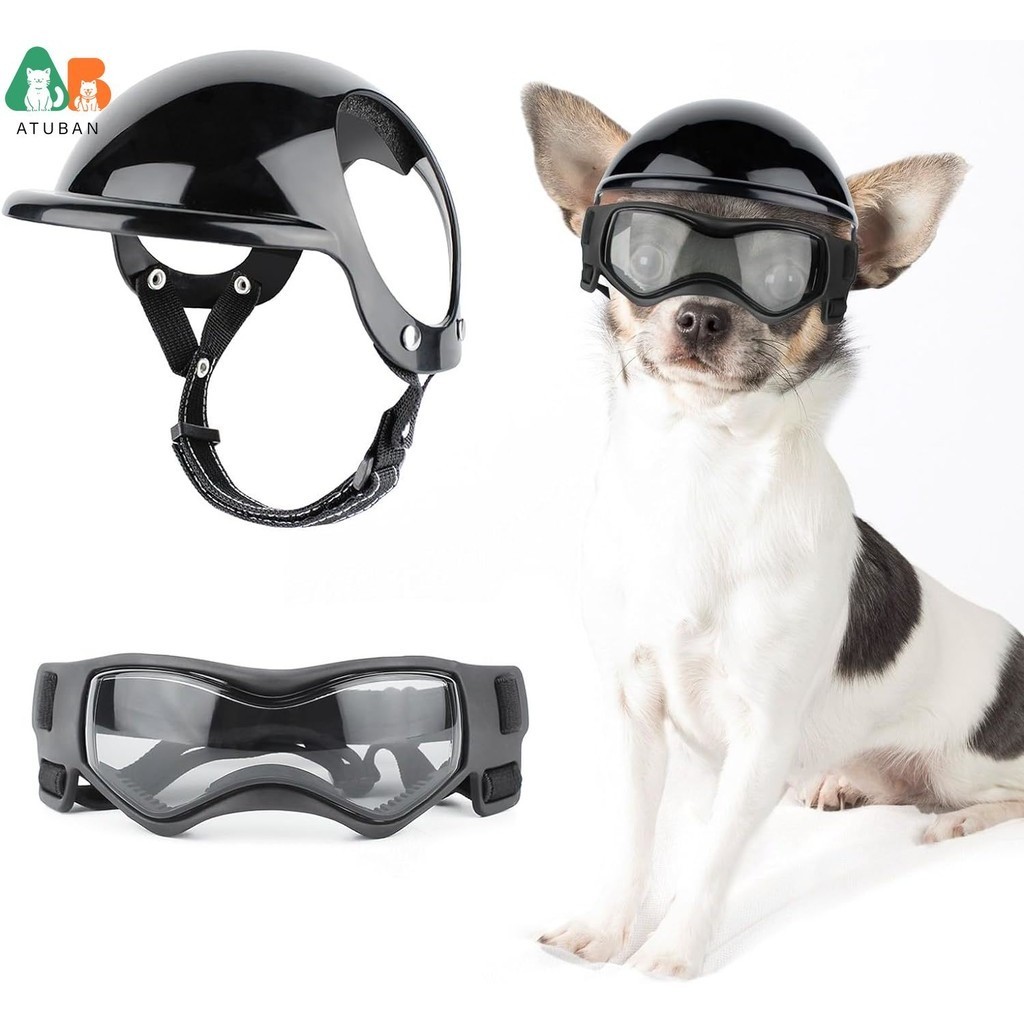 ATUBAN Capacete Para Cães E Óculos De Proteção Pequenos-Chapéu De Motocicleta Com Furos Orelha Alças
