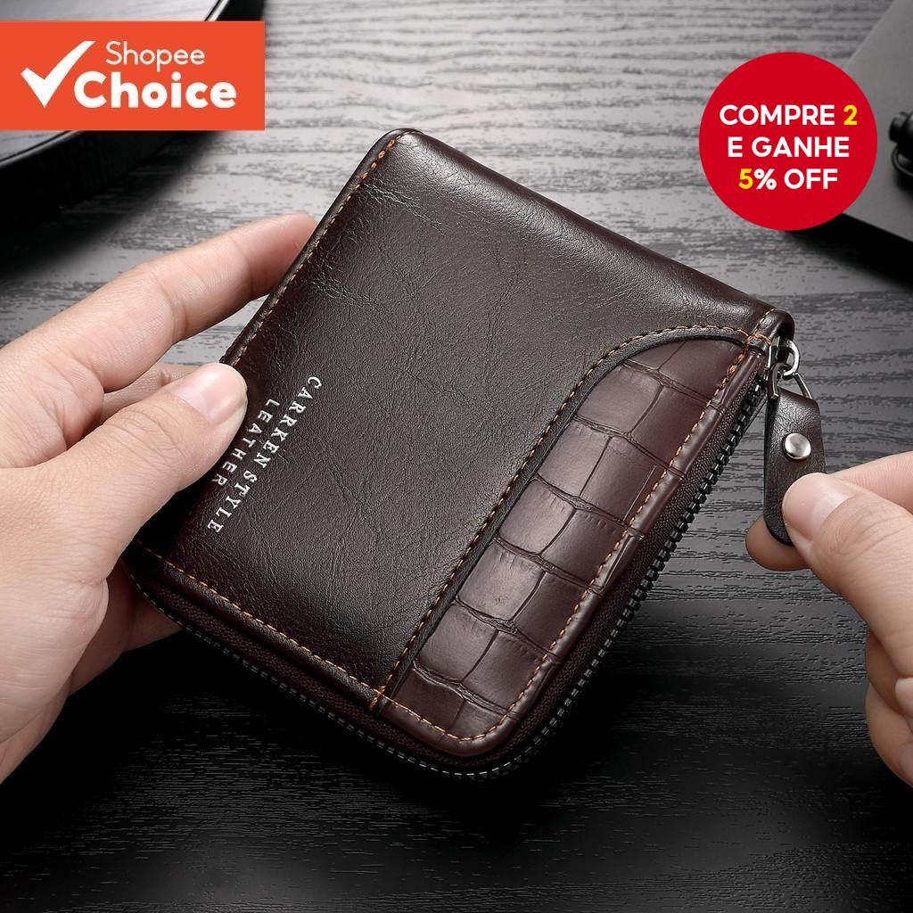 Carteira Vintage De Couro PU Masculina Com Zíper Porta-Moedas Para Cartão De Grande Capacidade-Prese