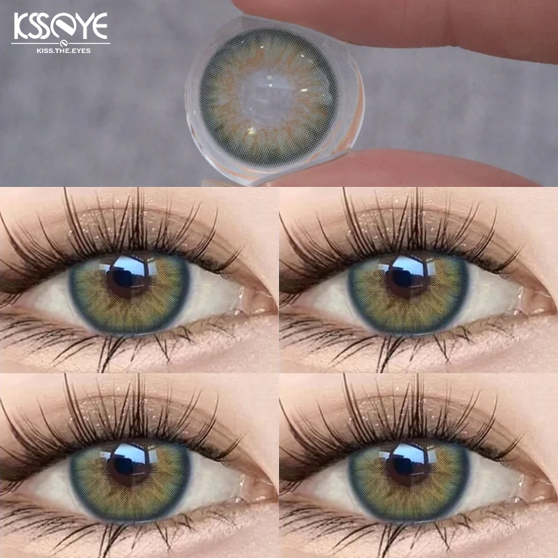 2pcs Myopia Lentes De Contato Com Graus (0-8,00) KSSEYE Colorida Lens14,5mm Verde Gatinho Híbrido 1